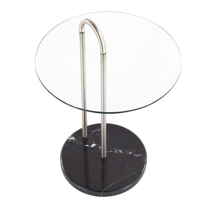 Claire Contemporary/Glam Side Table in Black Marble and Gold Steel with Clear Glass Top