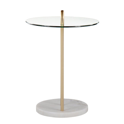 Claire Contemporary/Glam Side Table in Black Marble and Gold Steel with Clear Glass Top