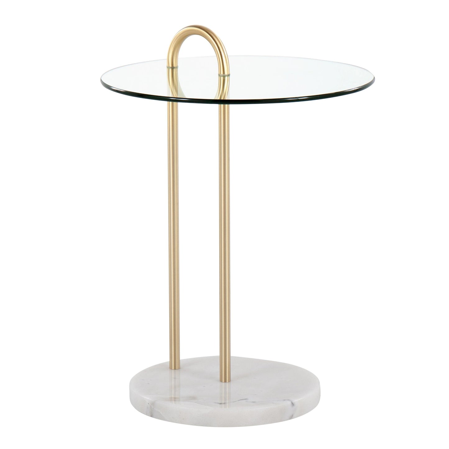 Claire Contemporary/Glam Side Table in Black Marble and Gold Steel with Clear Glass Top