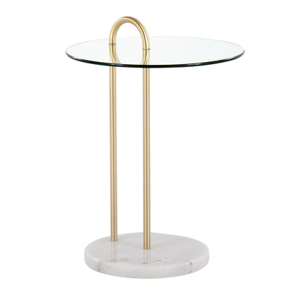 Claire Contemporary/Glam Side Table in Black Marble and Gold Steel with Clear Glass Top