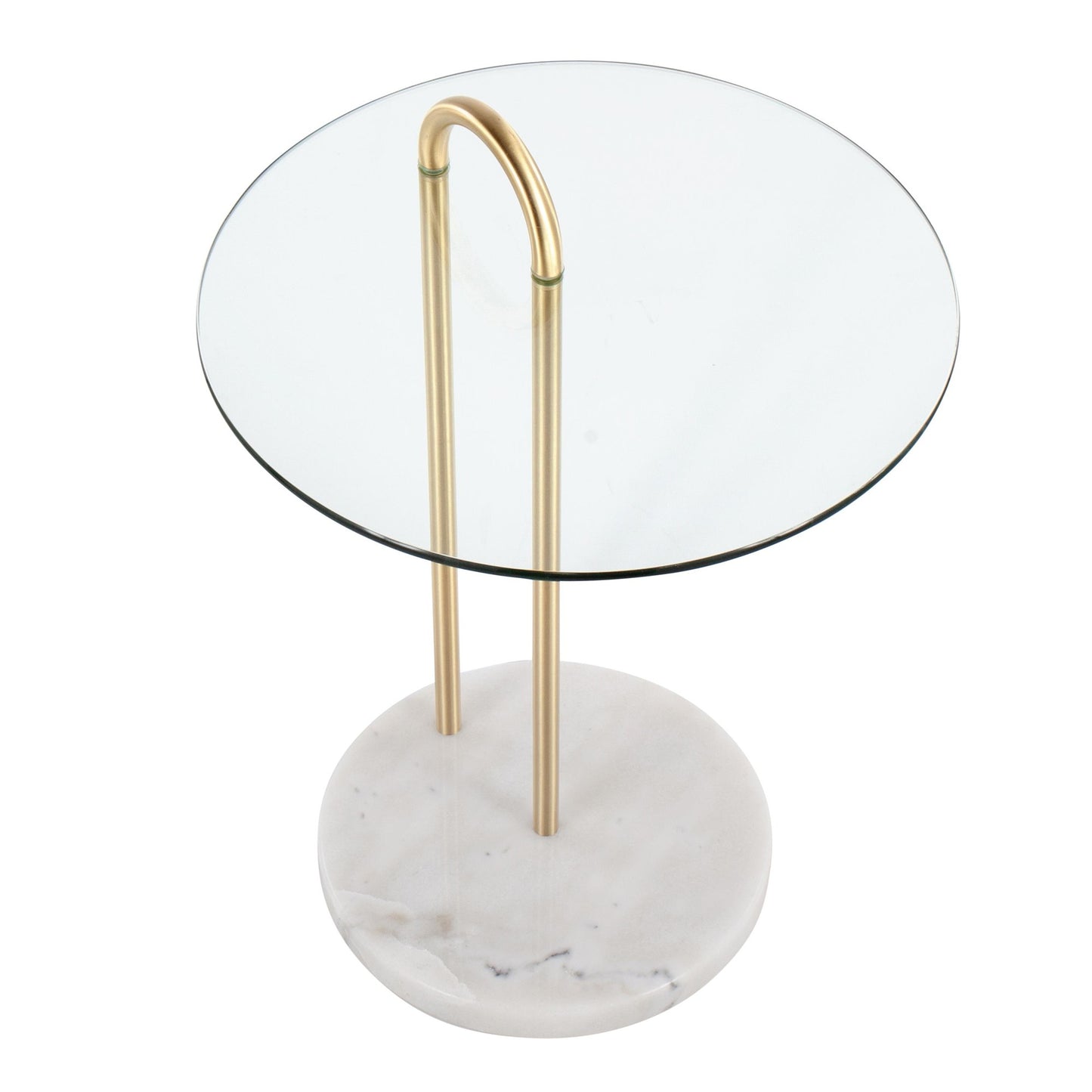 Claire Contemporary/Glam Side Table in Black Marble and Gold Steel with Clear Glass Top