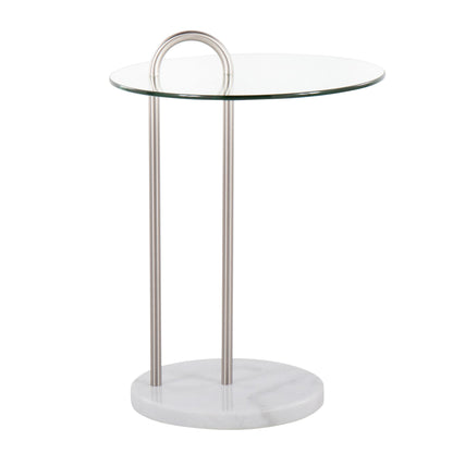 Claire Contemporary/Glam Side Table in Black Marble and Gold Steel with Clear Glass Top