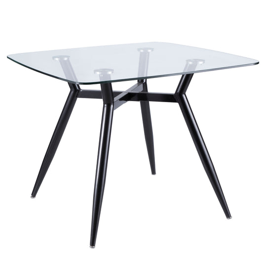 Clara Mid-Century Modern Square Dining Table with Black Metal Legs and Clear Glass Top