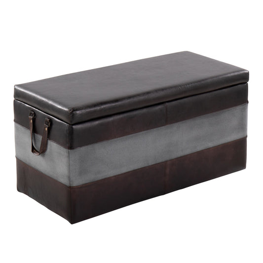 Cobbler Storage Bench in Black Leather and Grey Canvas