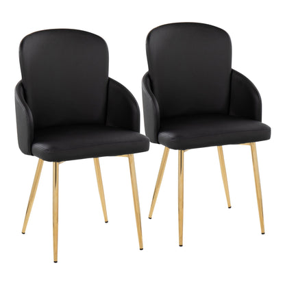 Dahlia Contemporary Dining Chair in Gold Metal and Black Faux Leather with Chrome Accent   - Set of 2