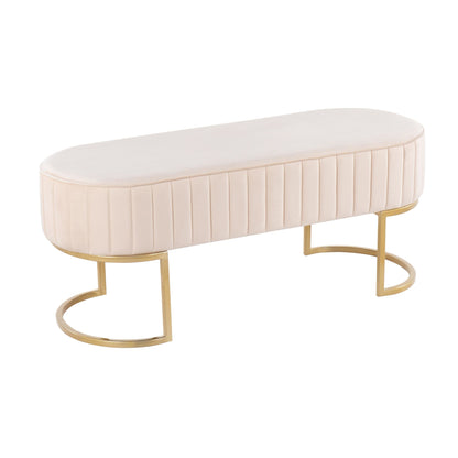 Demi Glam Pleated Bench in Gold Steel and Cream Velvet