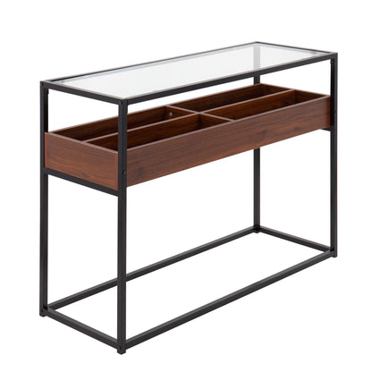 Display Contemporary Console Table in Black Metal, Walnut Wood, and Clear Glass