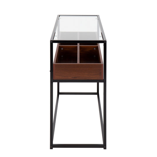 Display Contemporary Console Table in Black Metal, Walnut Wood, and Clear Glass