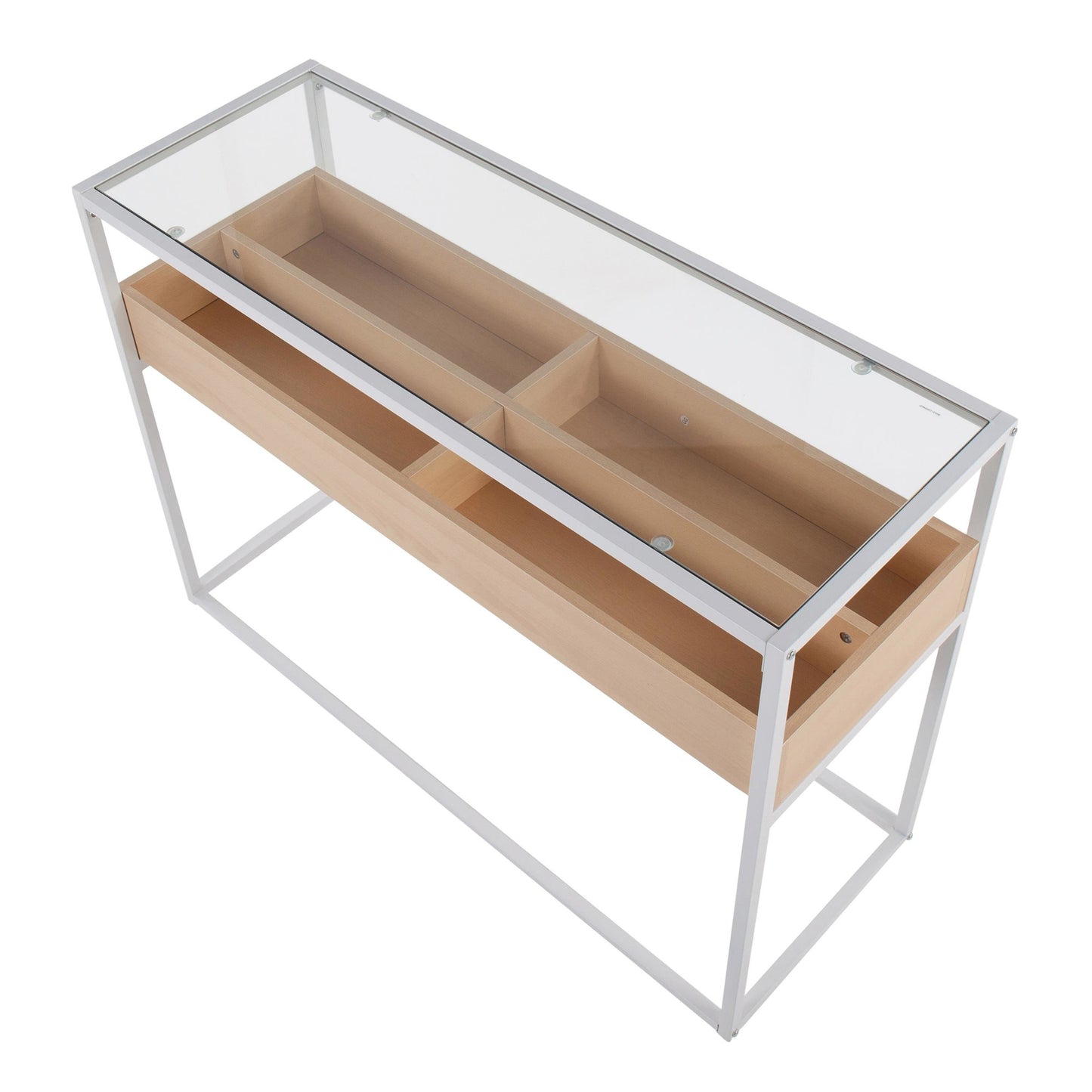 Display Contemporary Console Table in Black Metal, Walnut Wood, and Clear Glass