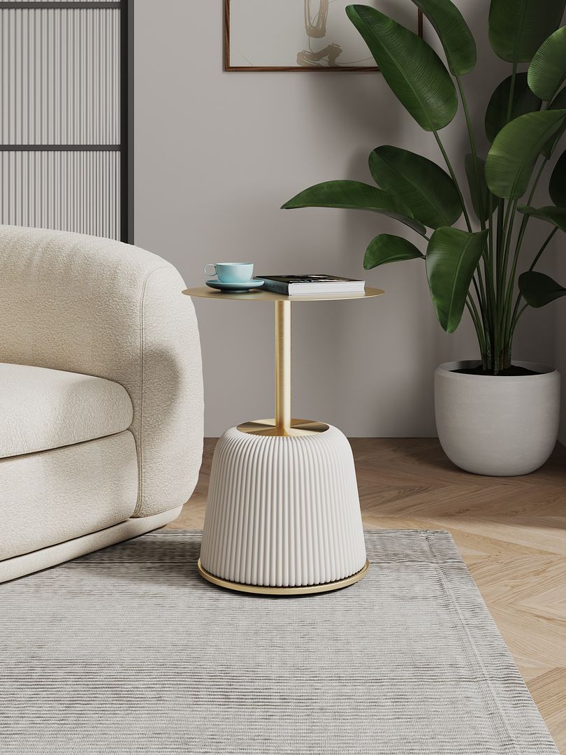 Manhattan Comfort Modern Anderson End Table 1.0 Upholstered in Cream Leatherette with Gold Tabletop