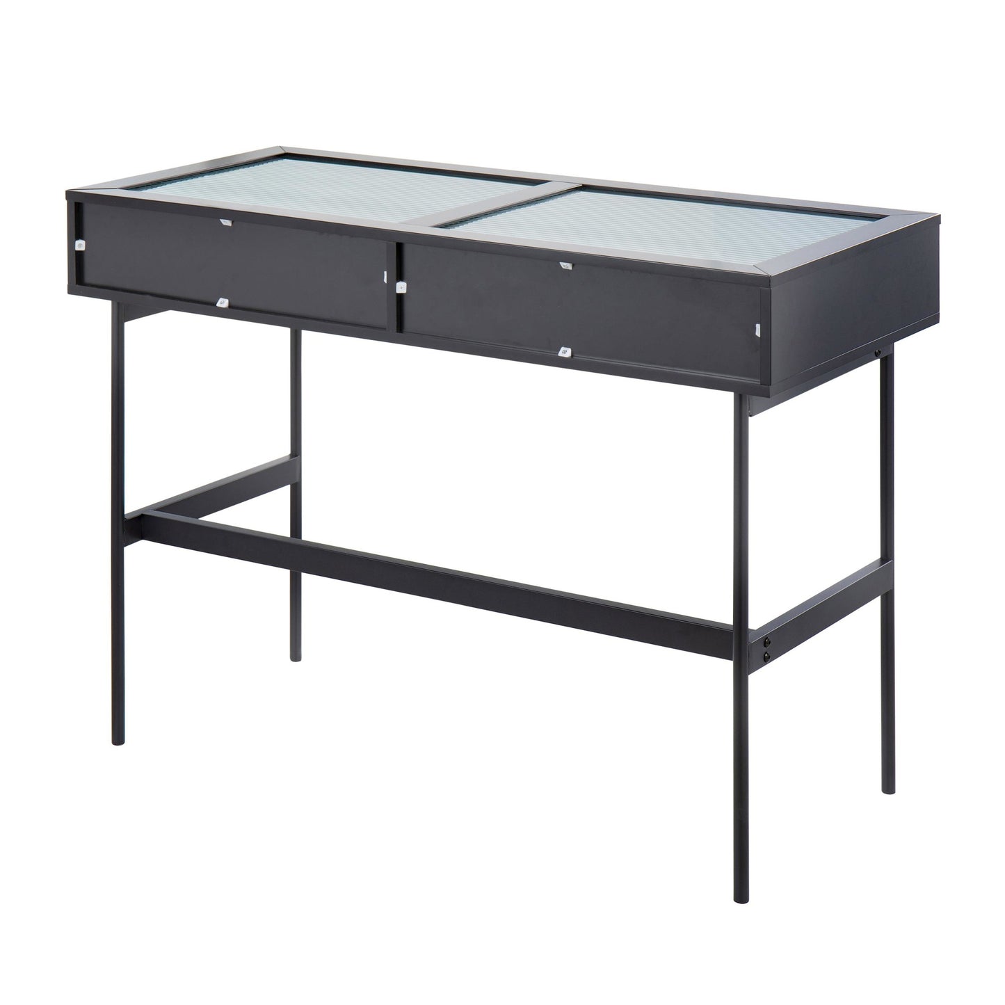 Emery Contemporary Console Table in Black Wood, Black Steel, and Glass Top