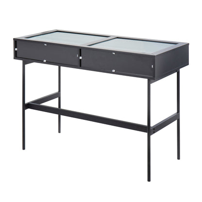 Emery Contemporary Console Table in Black Wood, Black Steel, and Glass Top