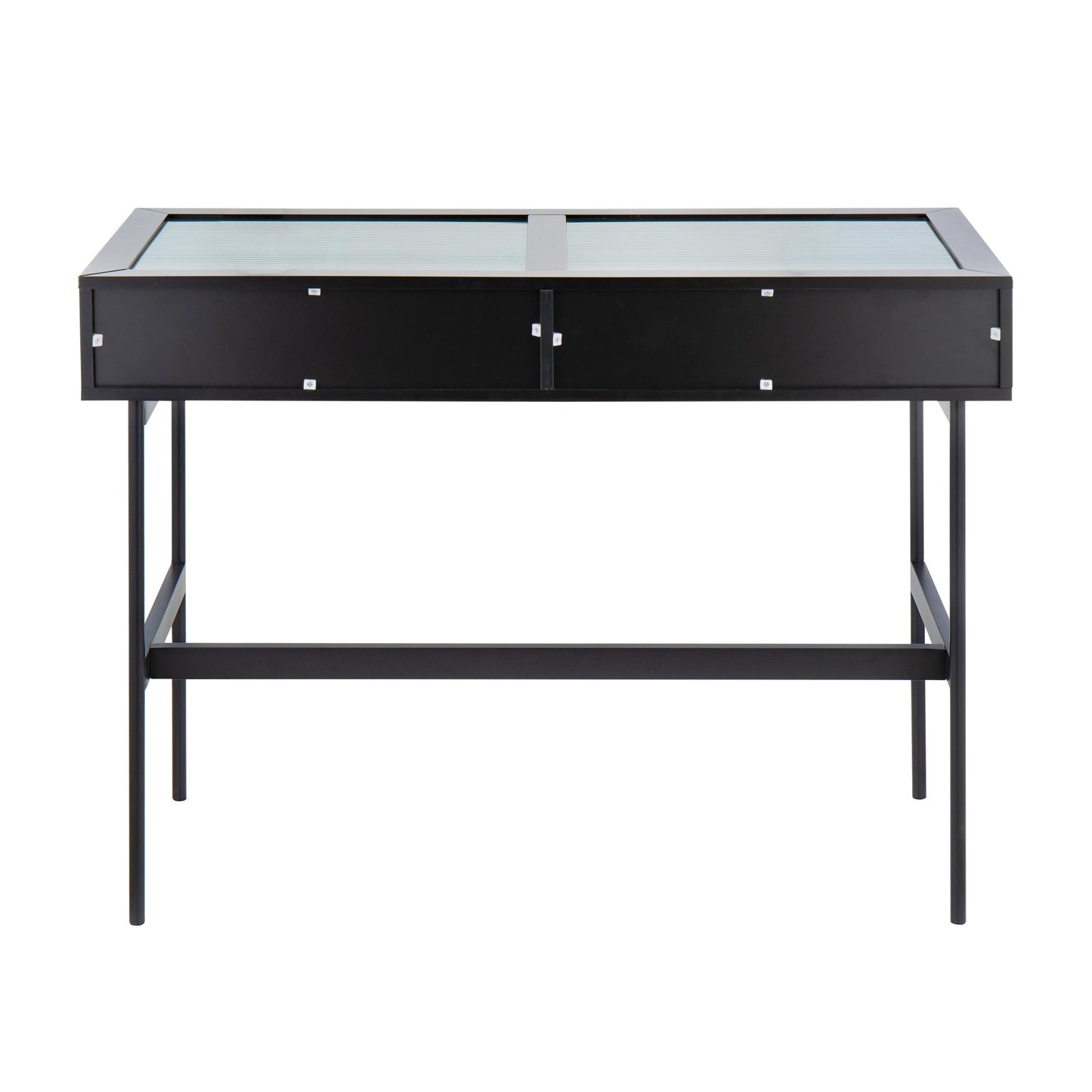Emery Contemporary Console Table in Black Wood, Black Steel, and Glass Top