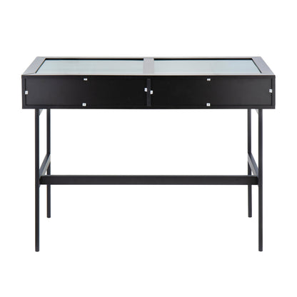 Emery Contemporary Console Table in Black Wood, Black Steel, and Glass Top
