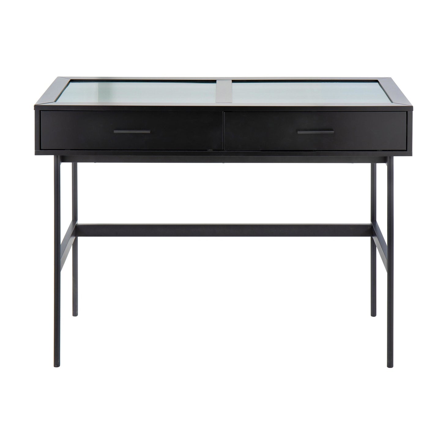 Emery Contemporary Console Table in Black Wood, Black Steel, and Glass Top
