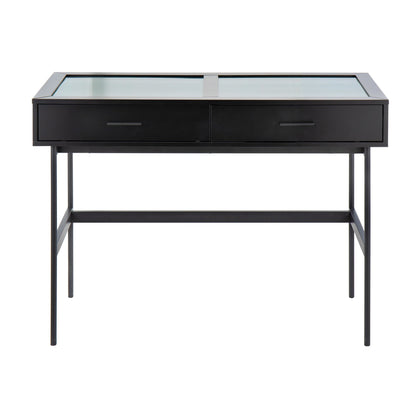 Emery Contemporary Console Table in Black Wood, Black Steel, and Glass Top
