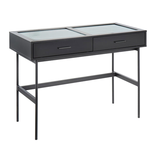 Emery Contemporary Console Table in Black Wood, Black Steel, and Glass Top