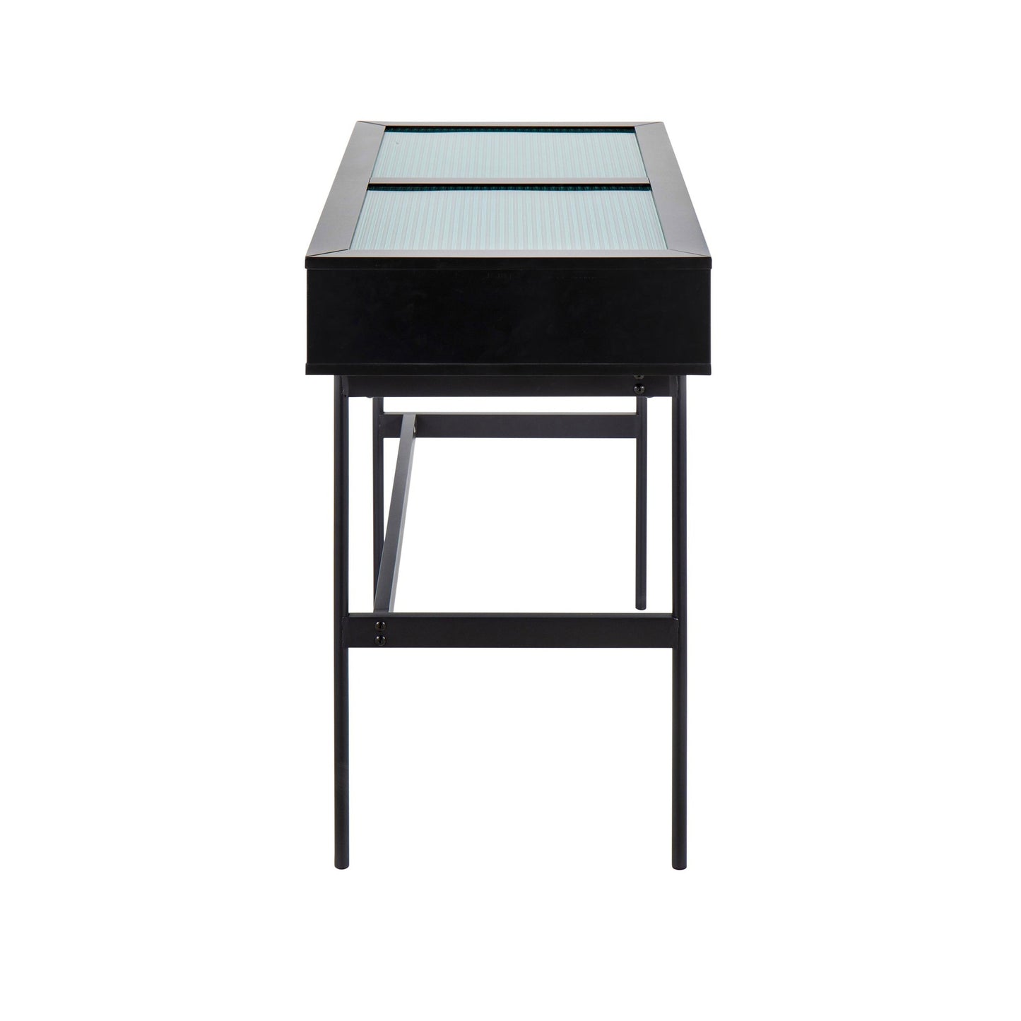 Emery Contemporary Console Table in Black Wood, Black Steel, and Glass Top