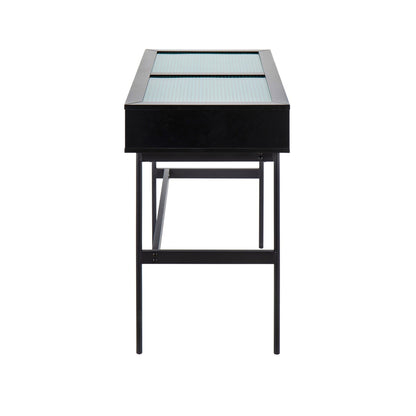 Emery Contemporary Console Table in Black Wood, Black Steel, and Glass Top
