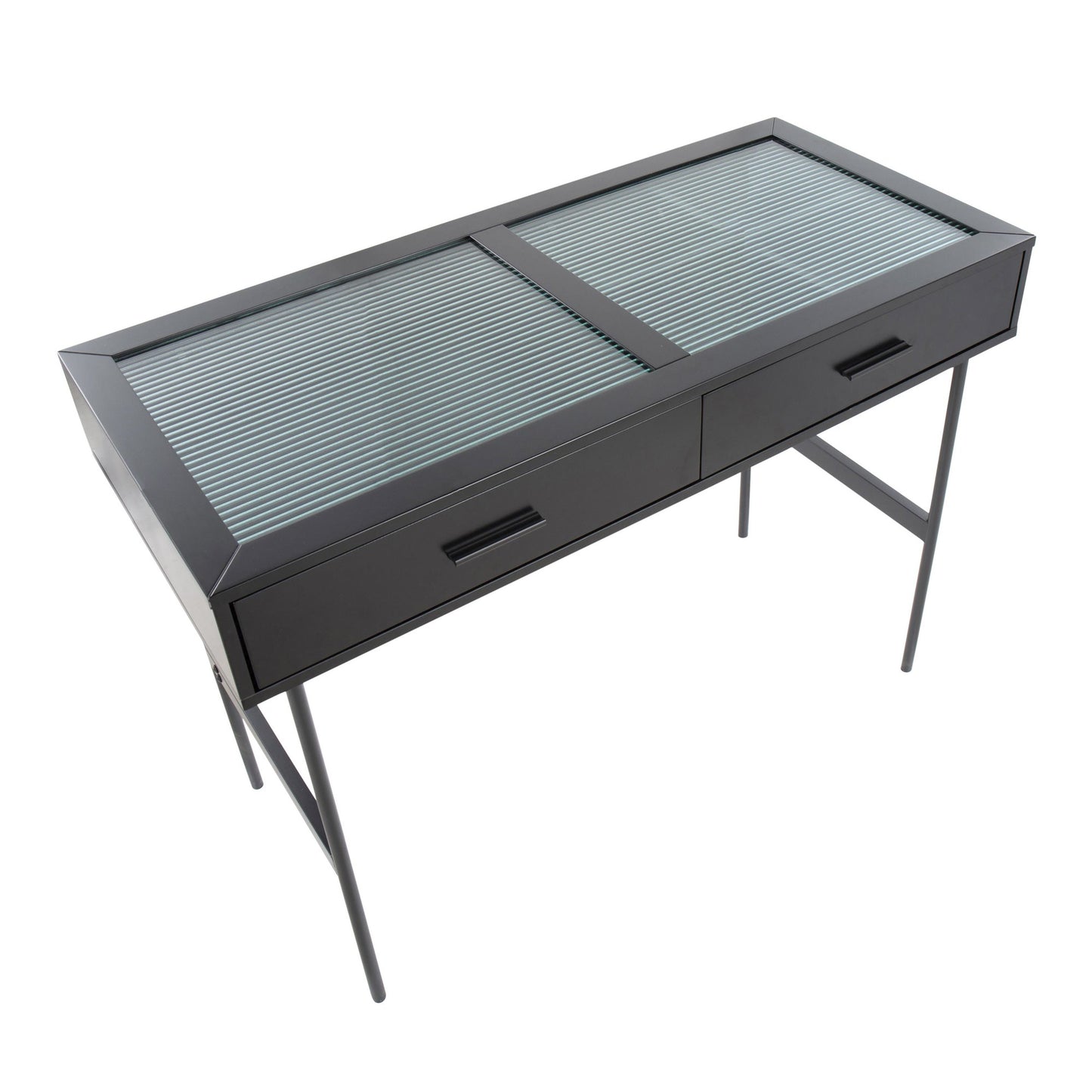 Emery Contemporary Console Table in Black Wood, Black Steel, and Glass Top