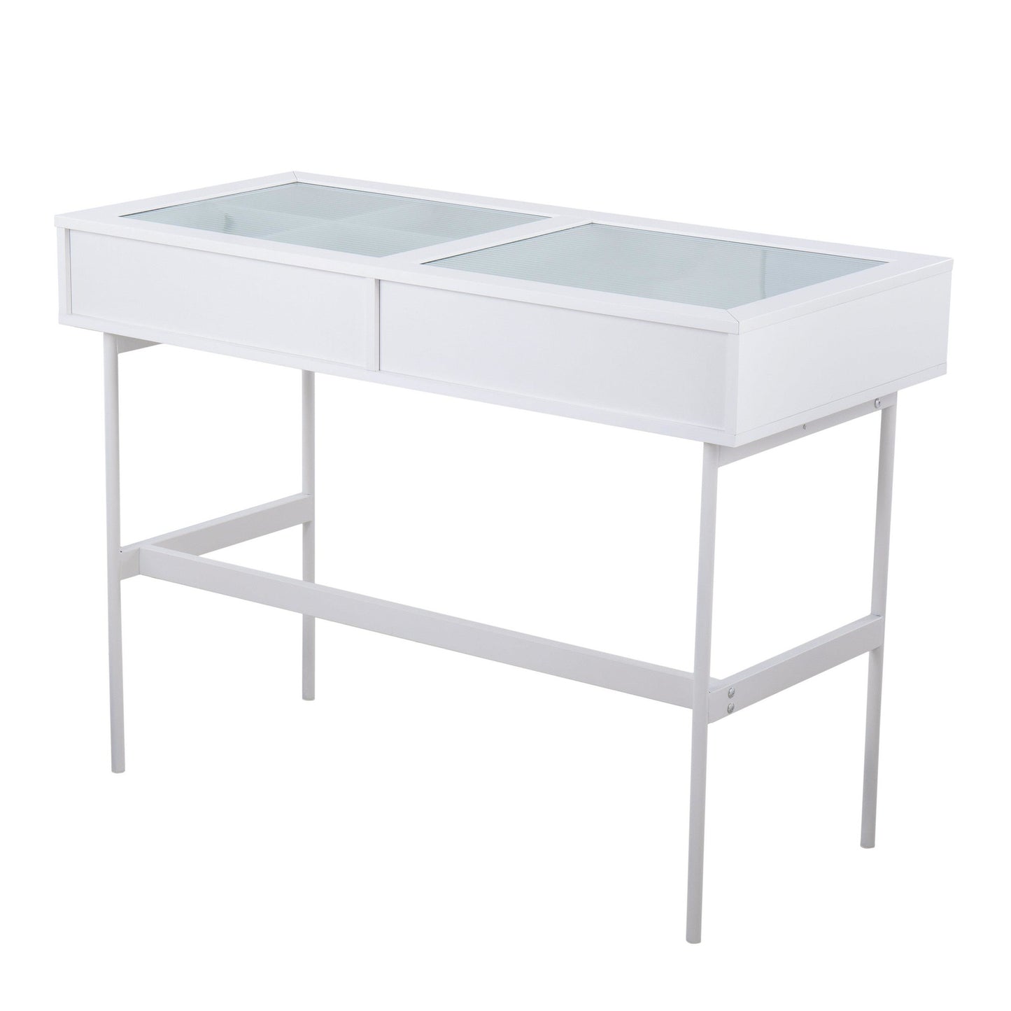 Emery Contemporary Console Table in White Wood, White Steel, and Glass Top