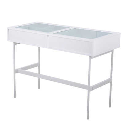 Emery Contemporary Console Table in White Wood, White Steel, and Glass Top