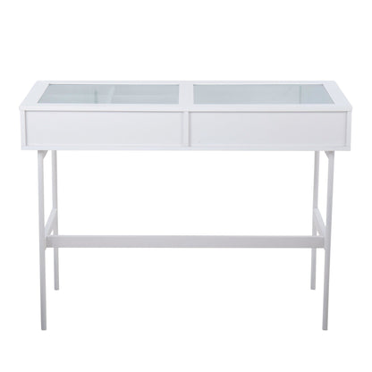 Emery Contemporary Console Table in White Wood, White Steel, and Glass Top