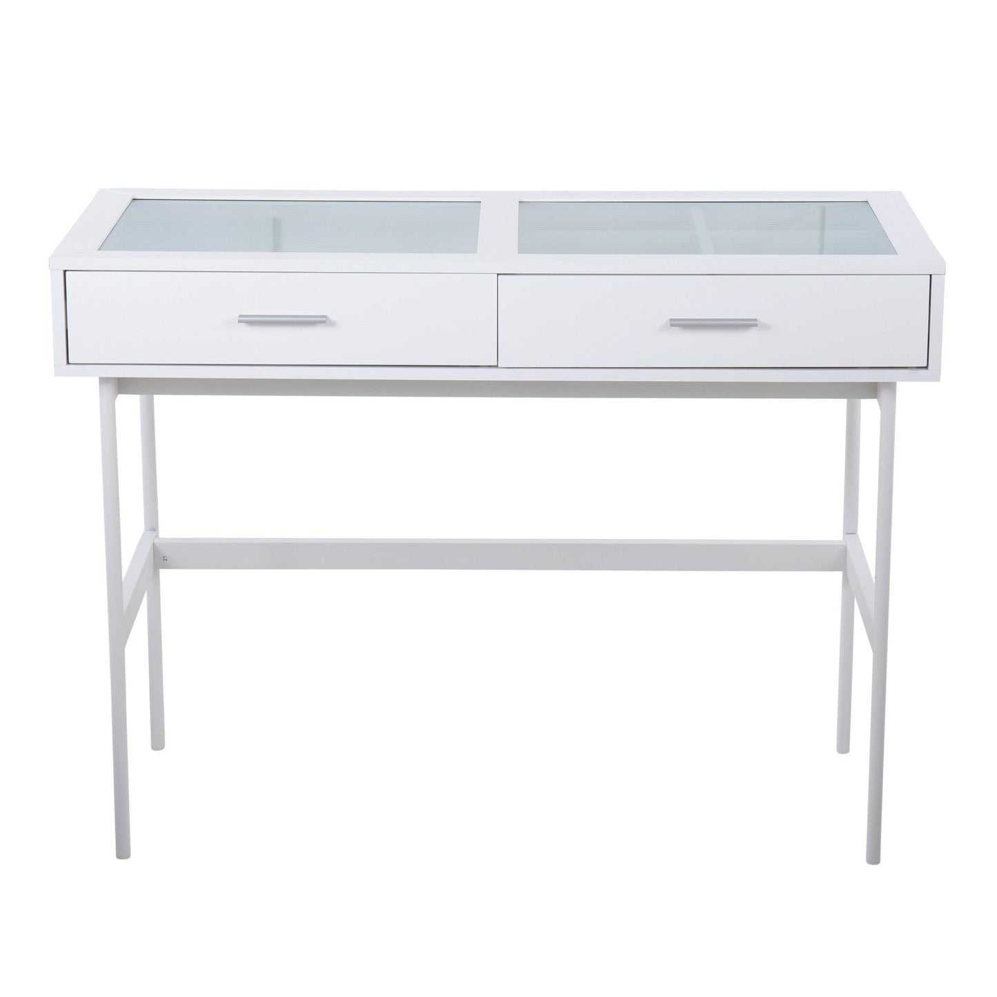 Emery Contemporary Console Table in White Wood, White Steel, and Glass Top