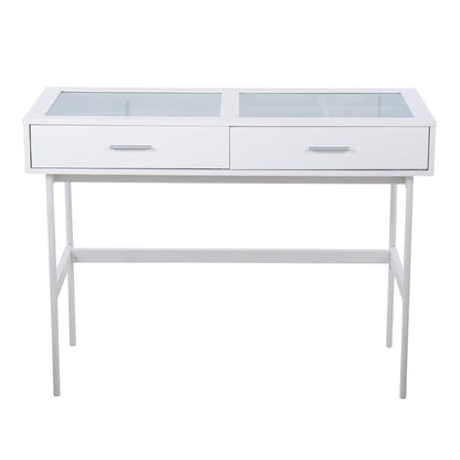 Emery Contemporary Console Table in White Wood, White Steel, and Glass Top