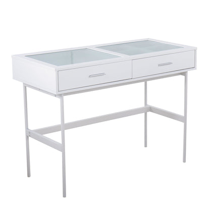 Emery Contemporary Console Table in White Wood, White Steel, and Glass Top