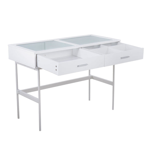 Emery Contemporary Console Table in White Wood, White Steel, and Glass Top