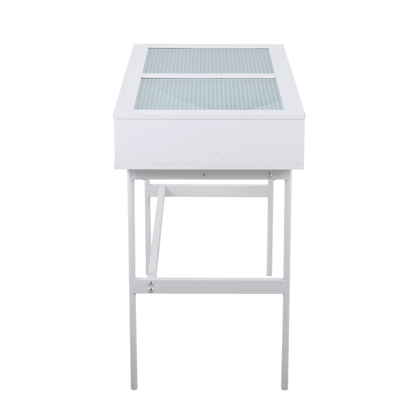 Emery Contemporary Console Table in White Wood, White Steel, and Glass Top