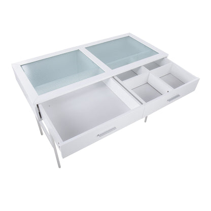 Emery Contemporary Console Table in White Wood, White Steel, and Glass Top