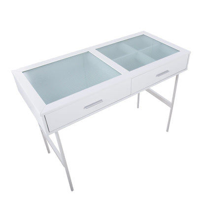 Emery Contemporary Console Table in White Wood, White Steel, and Glass Top