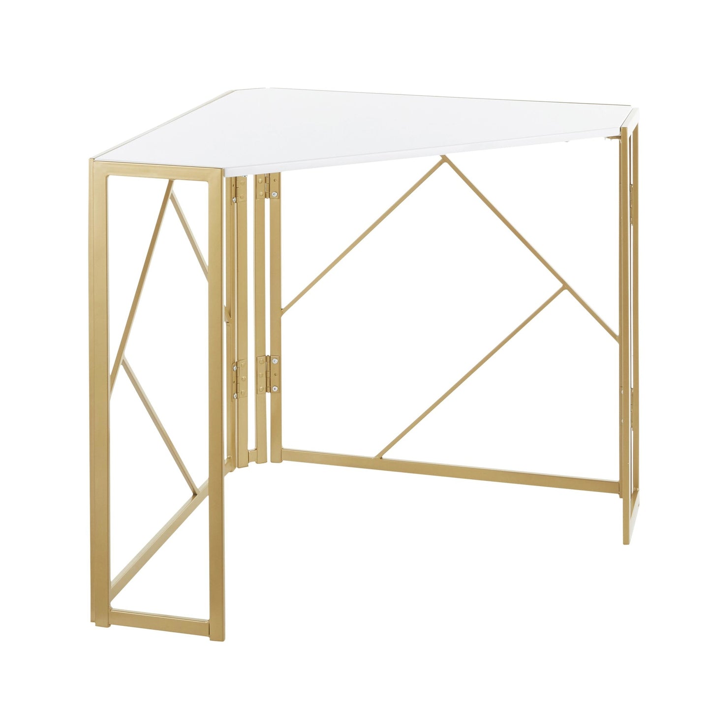 Folia Contemporary Corner Desk in Gold Metal and White Wood