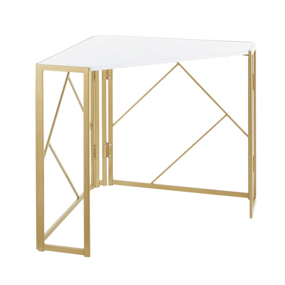 Folia Contemporary Corner Desk in Gold Metal and White Wood