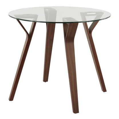 Folia Mid-Century Modern Round Dinette Table in Walnut Wood and Clear Glass