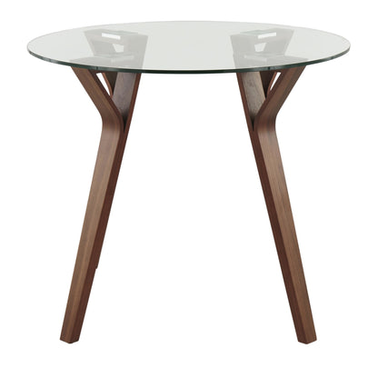 Folia Mid-Century Modern Round Dinette Table in Walnut Wood and Clear Glass