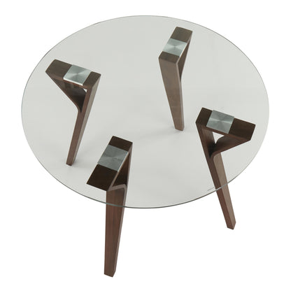 Folia Mid-Century Modern Round Dinette Table in Walnut Wood and Clear Glass