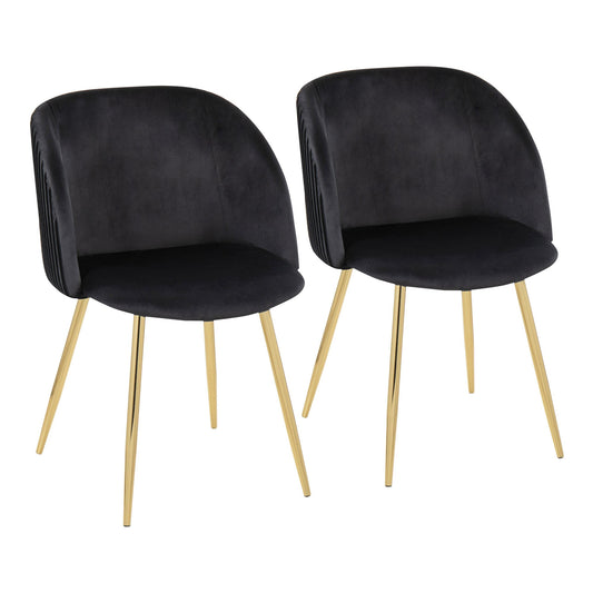 Fran Pleated Contemporary Chair in Gold Metal and Pleated Black Velvet   - Set of 2
