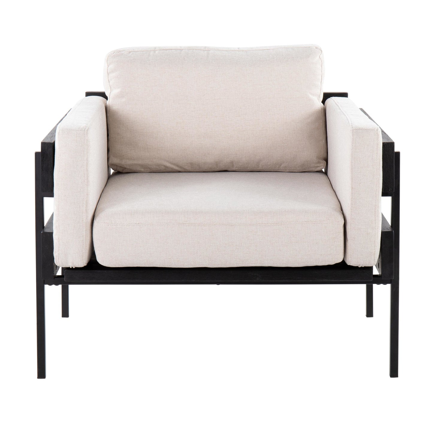 Kari Farmhouse Accent Chair in Black Metal, Grey Wood, and Black Faux Leather