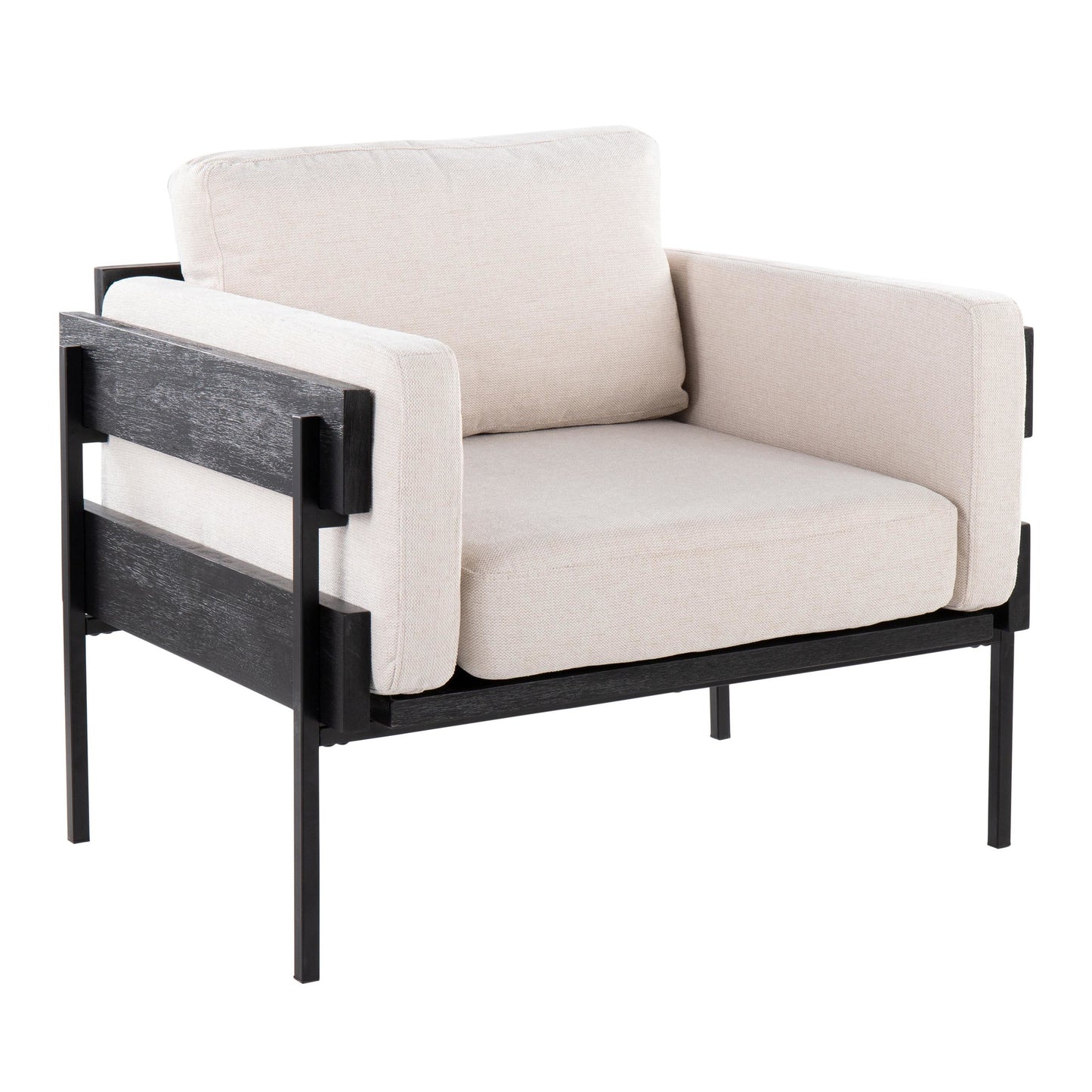 Kari Farmhouse Accent Chair in Black Metal, Grey Wood, and Black Faux Leather