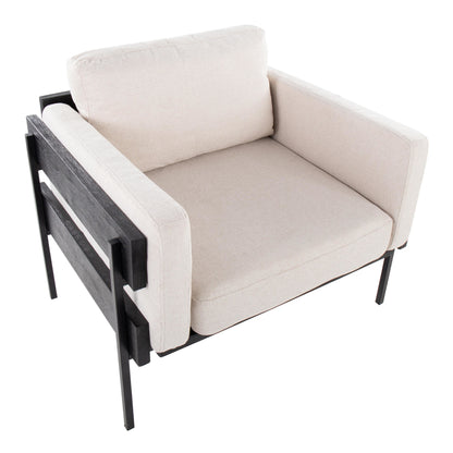 Kari Farmhouse Accent Chair in Black Metal, Grey Wood, and Black Faux Leather