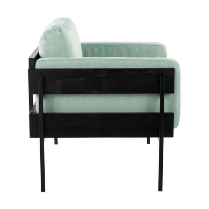 Kari Farmhouse Accent Chair in Black Metal, Grey Wood, and Black Faux Leather