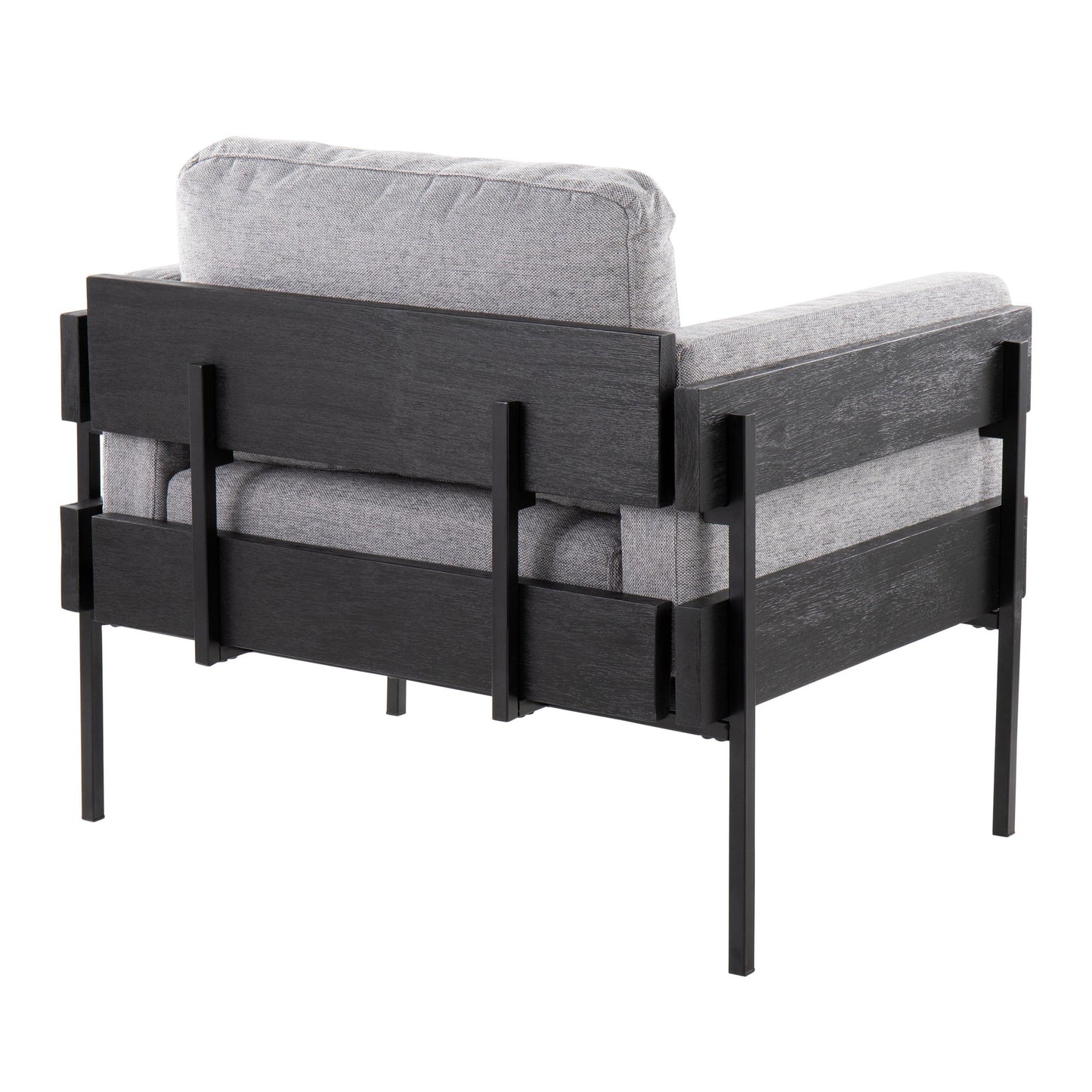 Kari Farmhouse Accent Chair in Black Metal, Grey Wood, and Black Faux Leather