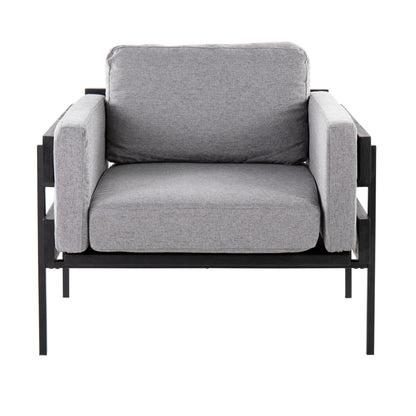 Kari Farmhouse Accent Chair in Black Metal, Grey Wood, and Black Faux Leather