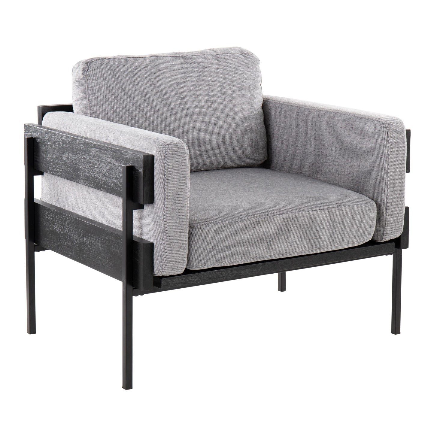 Kari Farmhouse Accent Chair in Black Metal, Grey Wood, and Black Faux Leather