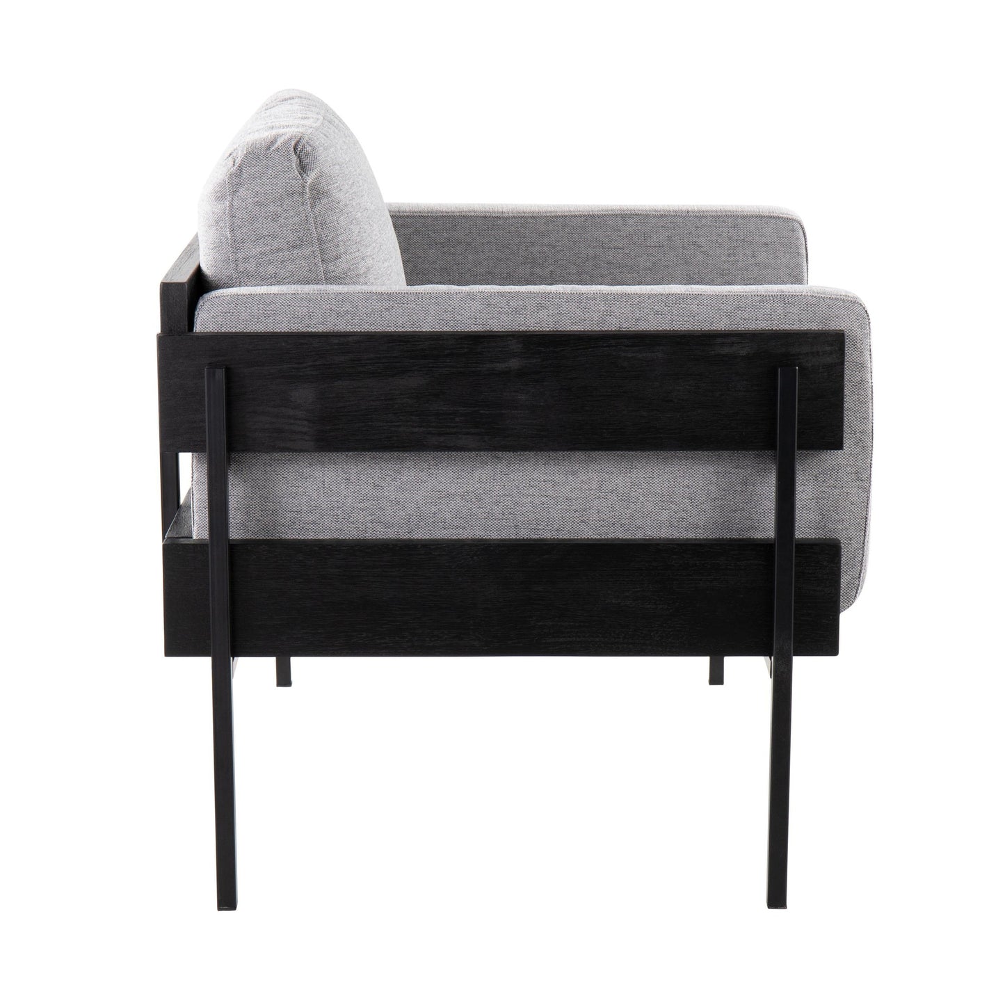 Kari Farmhouse Accent Chair in Black Metal, Grey Wood, and Black Faux Leather