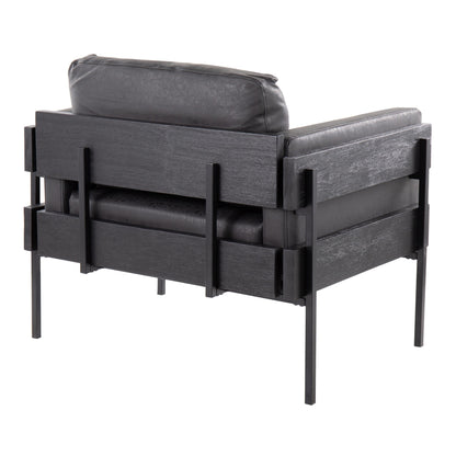 Kari Farmhouse Accent Chair in Black Metal, Grey Wood, and Black Faux Leather