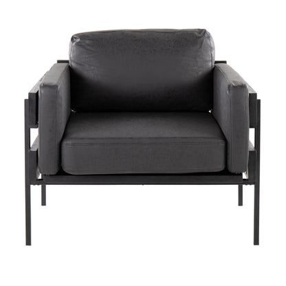 Kari Farmhouse Accent Chair in Black Metal, Grey Wood, and Black Faux Leather